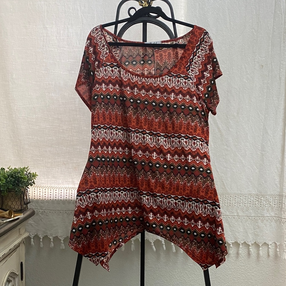Women’s 3X Bohemian burnt orange,back, white and brown patterned Blouse